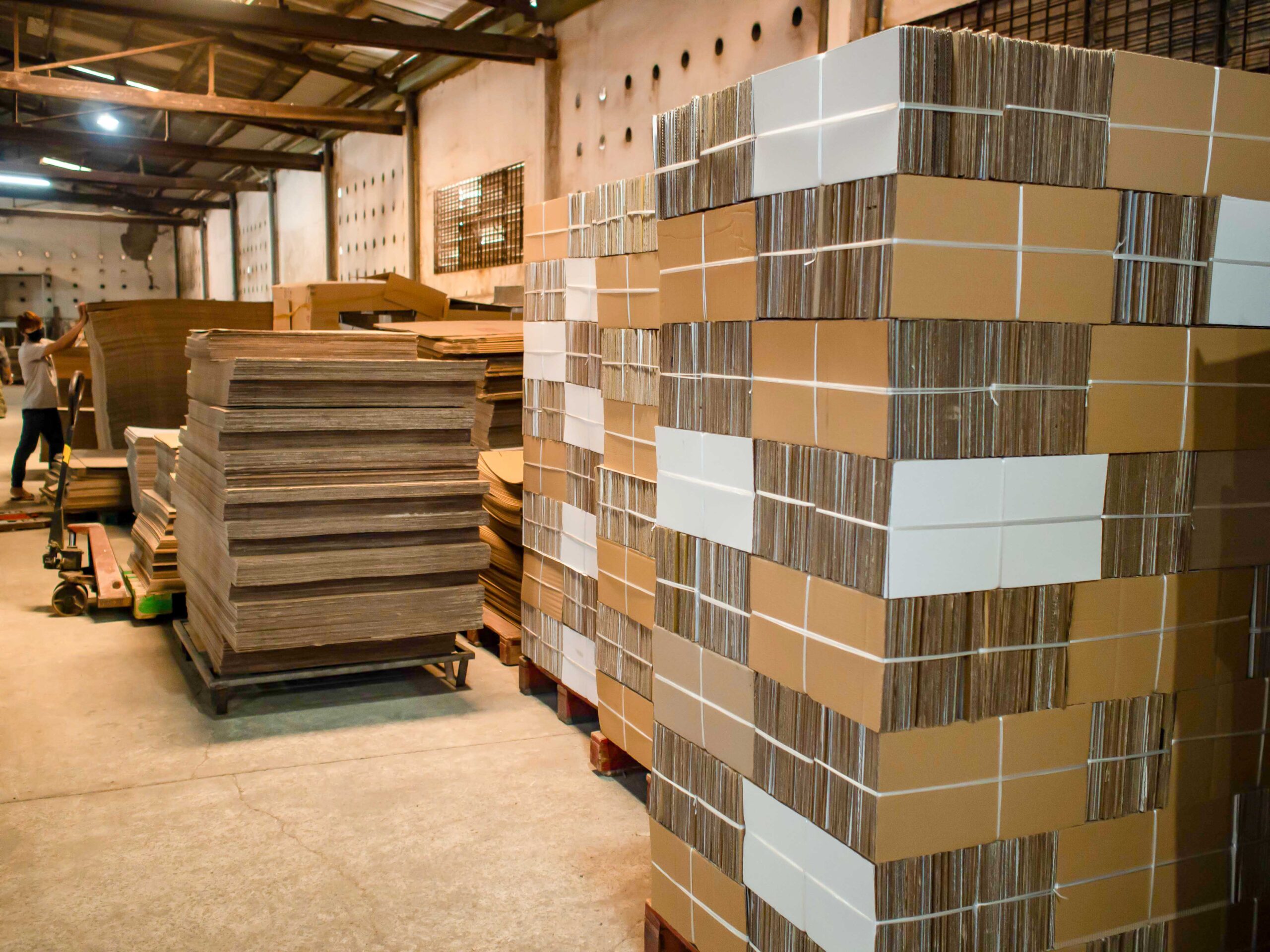 Stacked finished cardboard boxes