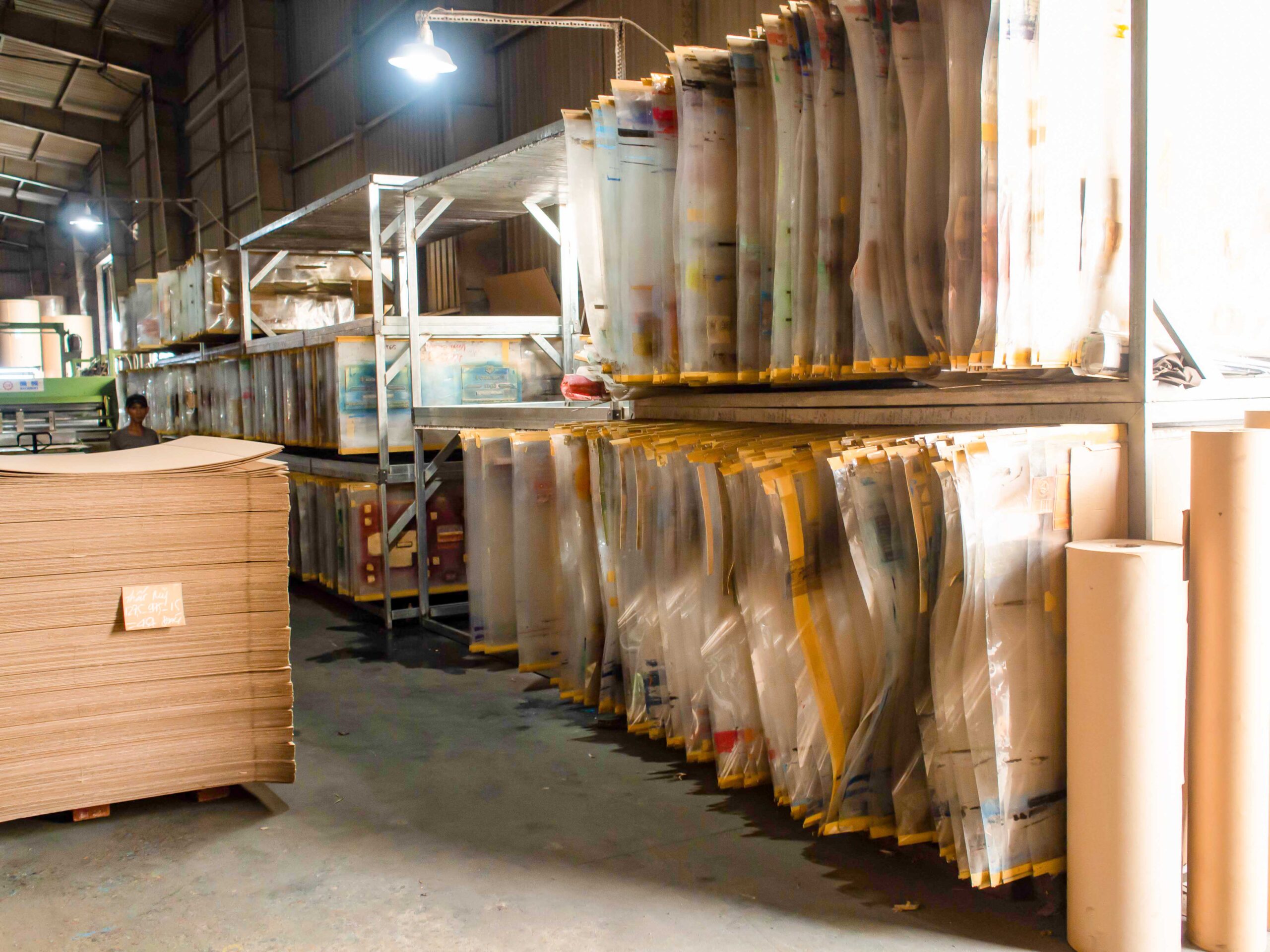 Warehouse with cardboard painting materials